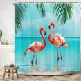 thumbnail image 4 of Beach Shower Curtain with Flamingo, Blue Teal Sea Pink Flamingo Bath Curtain Tropical Theme Nautical Ocean Shower Curtain Set with Hooks, 72X72in, 4 of 5
