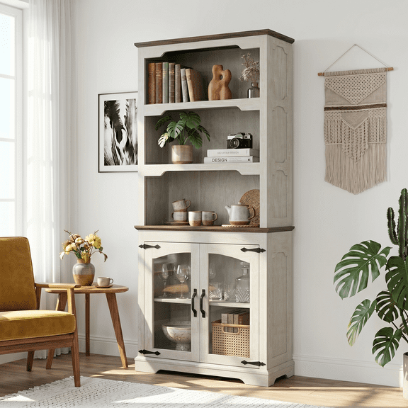 70" 5-Tier Bookcase with Doors,Farmhouse Bookshelves with Glass Cabinet,for Home Office Living Room White