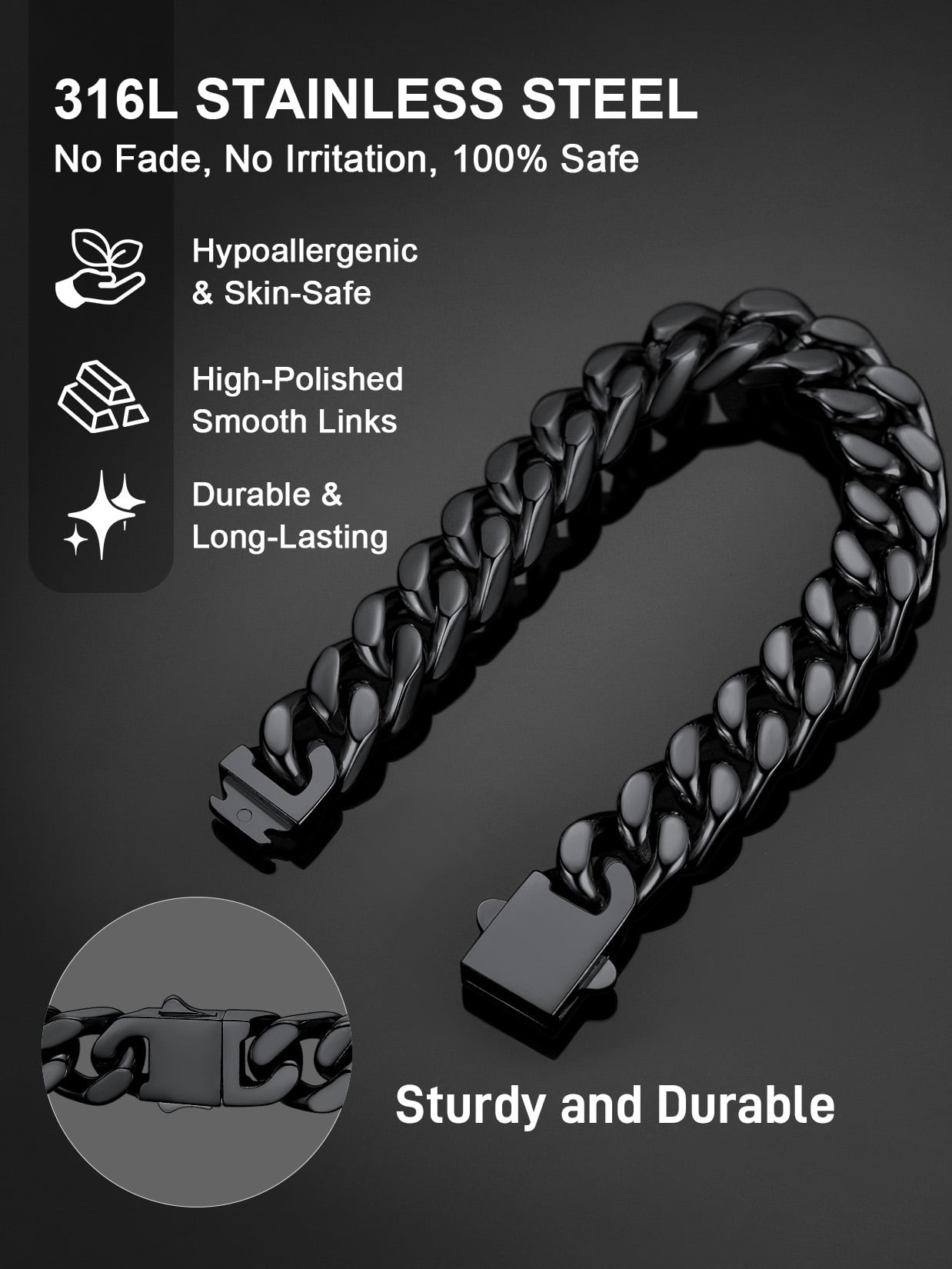 ChainsProMax Stainless Steel Chunky Thick Bracelets 12mm Wide 8.3inch Curb Chain Bracelet for Men Black Bracelet