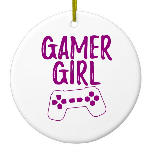 DistinctInk Hanging Ceramic Christmass Tree Ornament with Gold String - Great Gift / Present - 2 3/4 inch diameter - Gamer Girl - Video Games