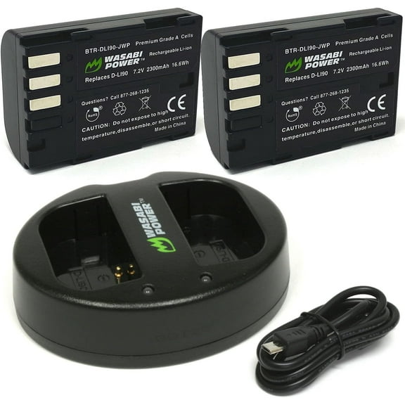 wasabi power battery (2-pack) and dual usb charger for pentax d-li90 and pentax 645d, 645z, k-01, k-1, k-1 ii, k-3, k-3 mark iii, k-5, k-5 ii, k-5 iis, k-7