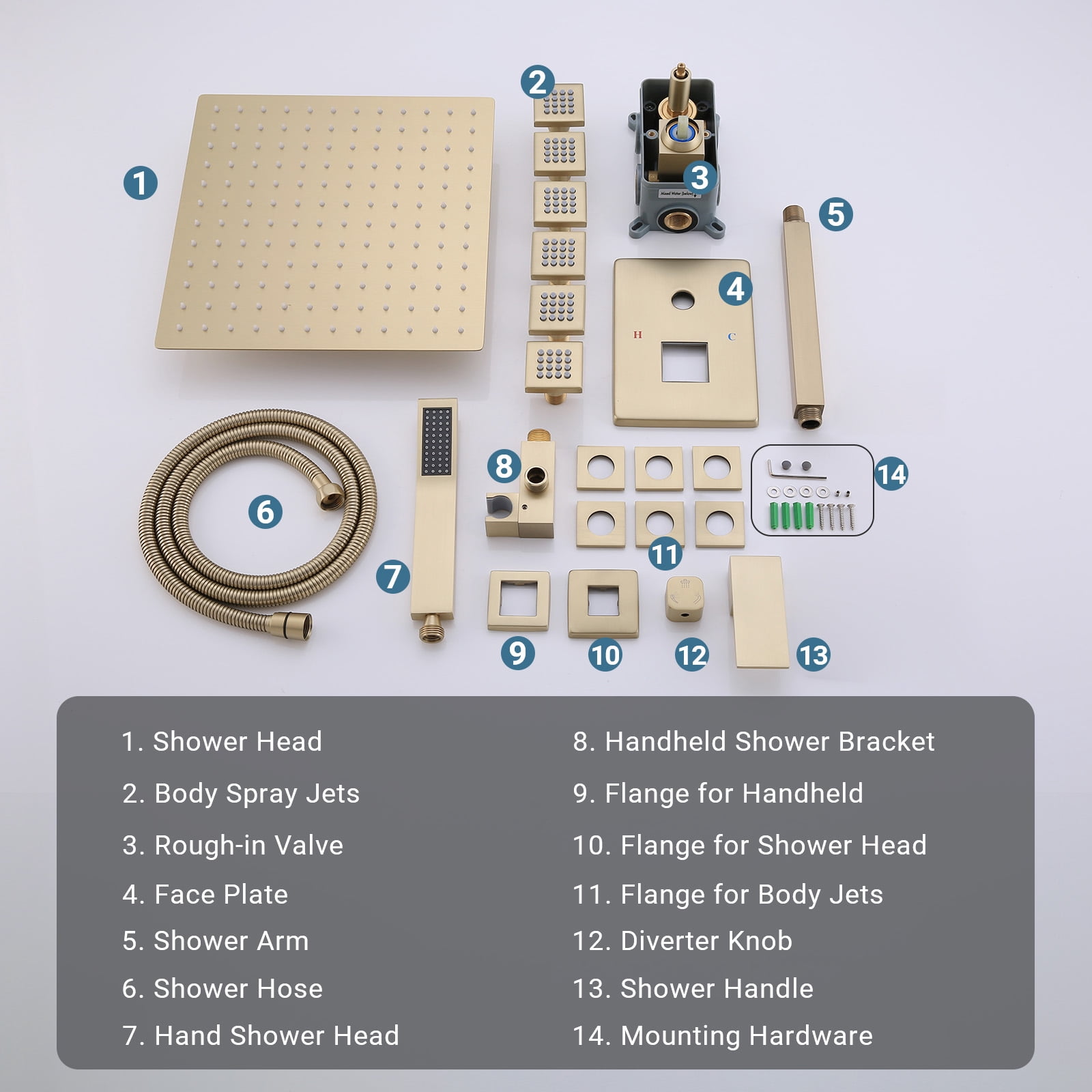 Shower Jets Rain Shower System with 12'' Ceiling Shower & Hand Shower, Brushed Gold Overhead Full Body Shower System with Body Shower Spray Jets Rain Shower Set