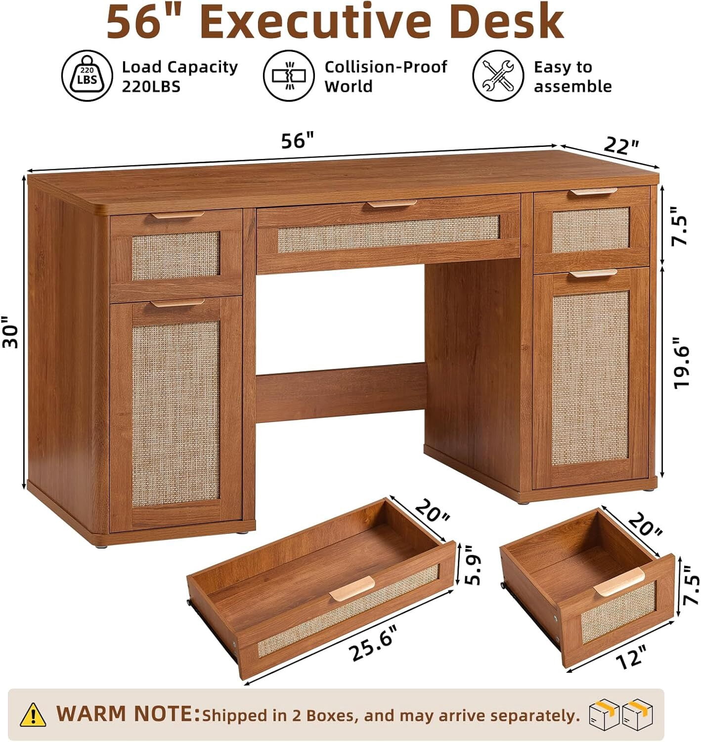 LEYAOYAO 56" Rattan Computer Desk with 3 Drawers & 2 Storage Cabinets, Boho Executive Desk, Modern Writing Desk for Home Office Bedroom, Tea Brown