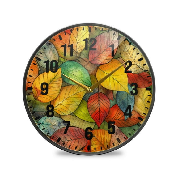 Yayeee Wall Clock Battery Operated 9.5" Silent Quartz Non-Ticking for Living Room Decor, Retro Autumn Leaves