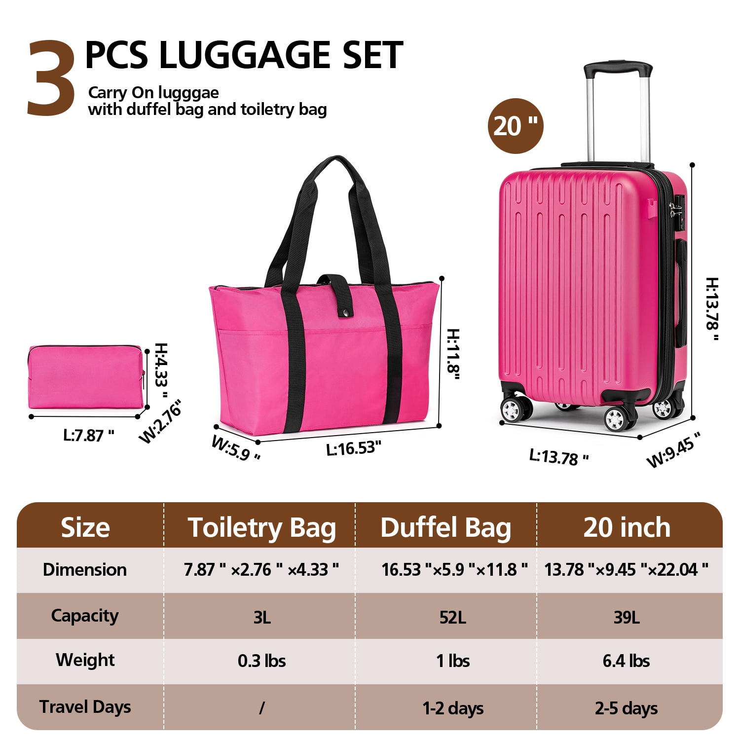 WEPLUS 20" Expandable Carry-On Luggage Set 3-Piece with Duffel Bag and Toiletry Bag