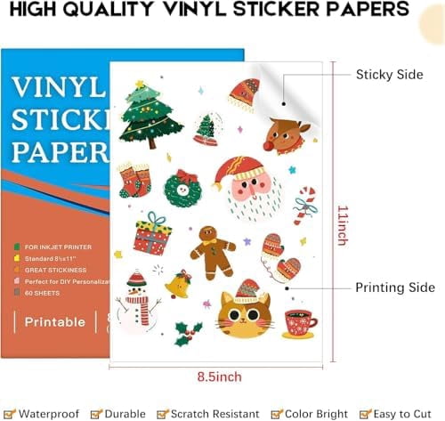 Quivanta 60 Sheets Premium Printable Vinyl Sticker Paper for Inkjet Printer, Matte White Adhesive Paper Waterproof, Durability Adhesive Paper 8.5x11, Fast Dry, Holds Ink Well, Great for Cutting M