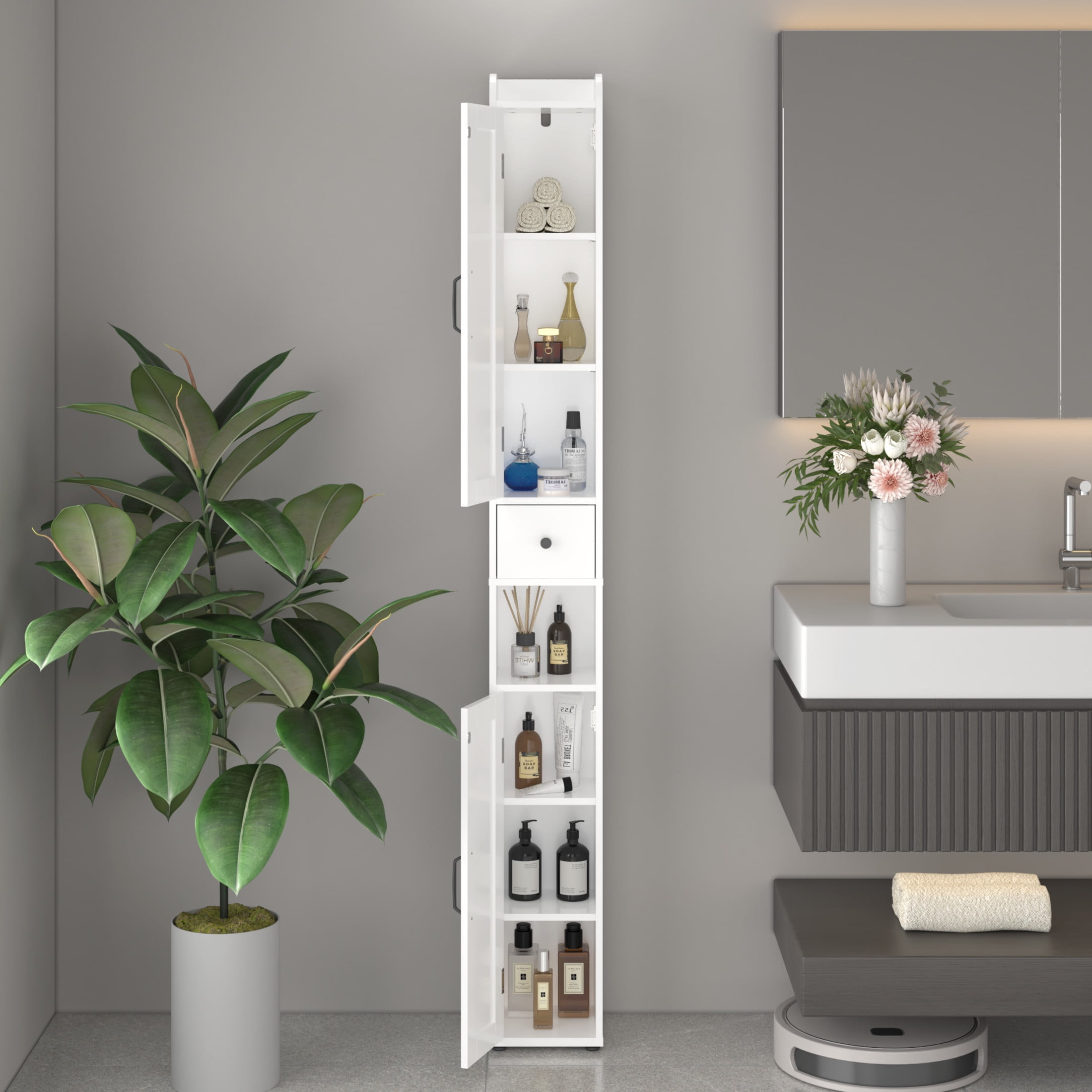 Noble House 67.5" Tall Slim Bathroom Storage Cabinet, 2-Door Freestanding Linen Tower with Adjustable Shelves, White
