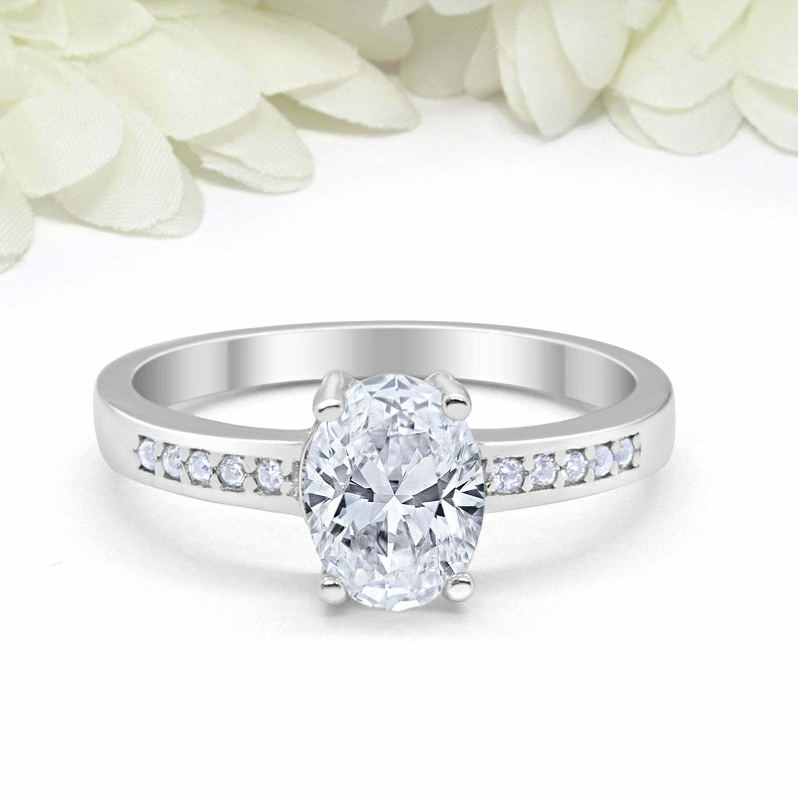 HeartsAndYou 1.7ct Oval Cut Moissanite Engagement Ring for Women Solitaire with Accent 18k White Gold over Silver