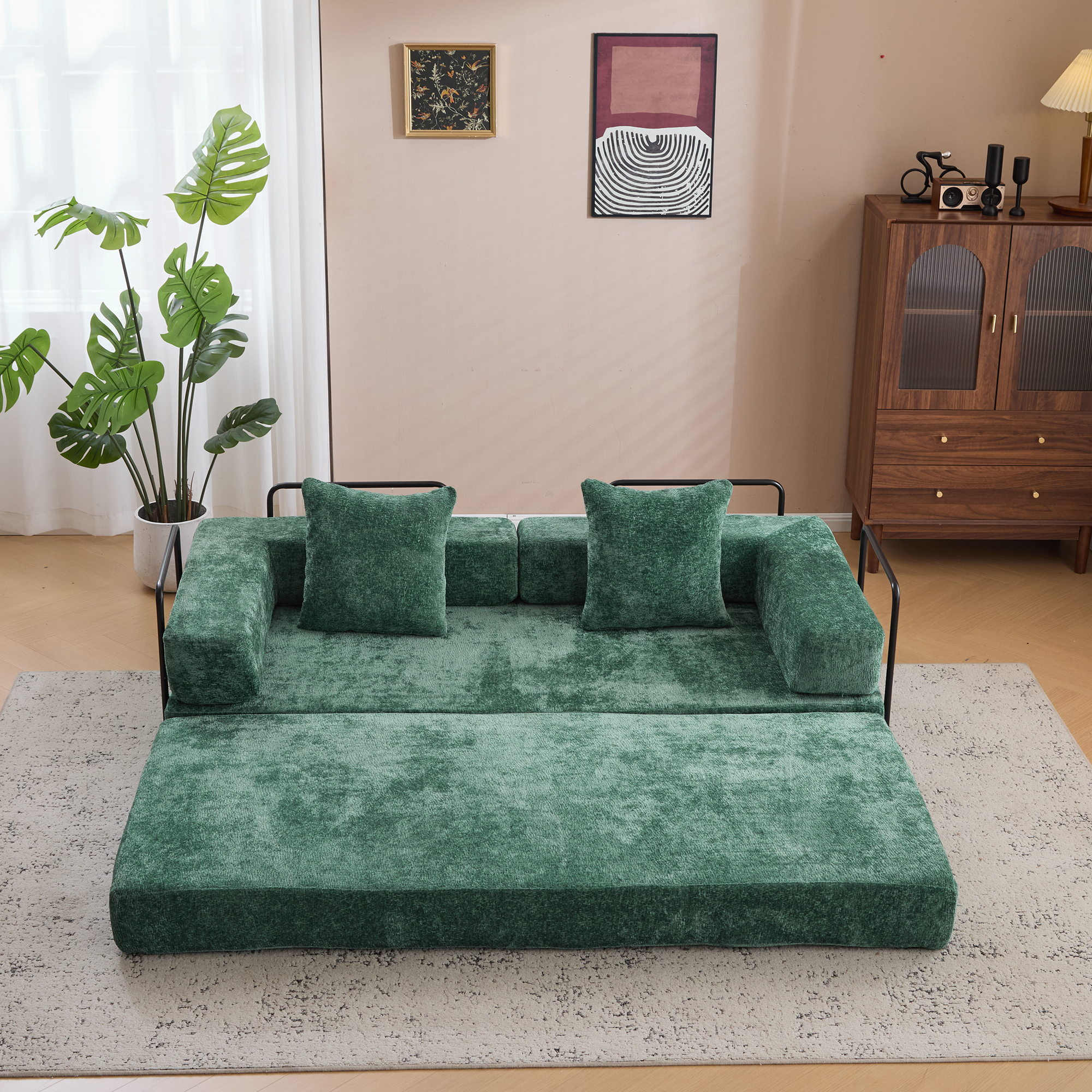 Miniyam 4 in 1 Convertible Floor Sofa Bed, Chenille Floor Couch with Armrest, Pillow for Living Room, Green