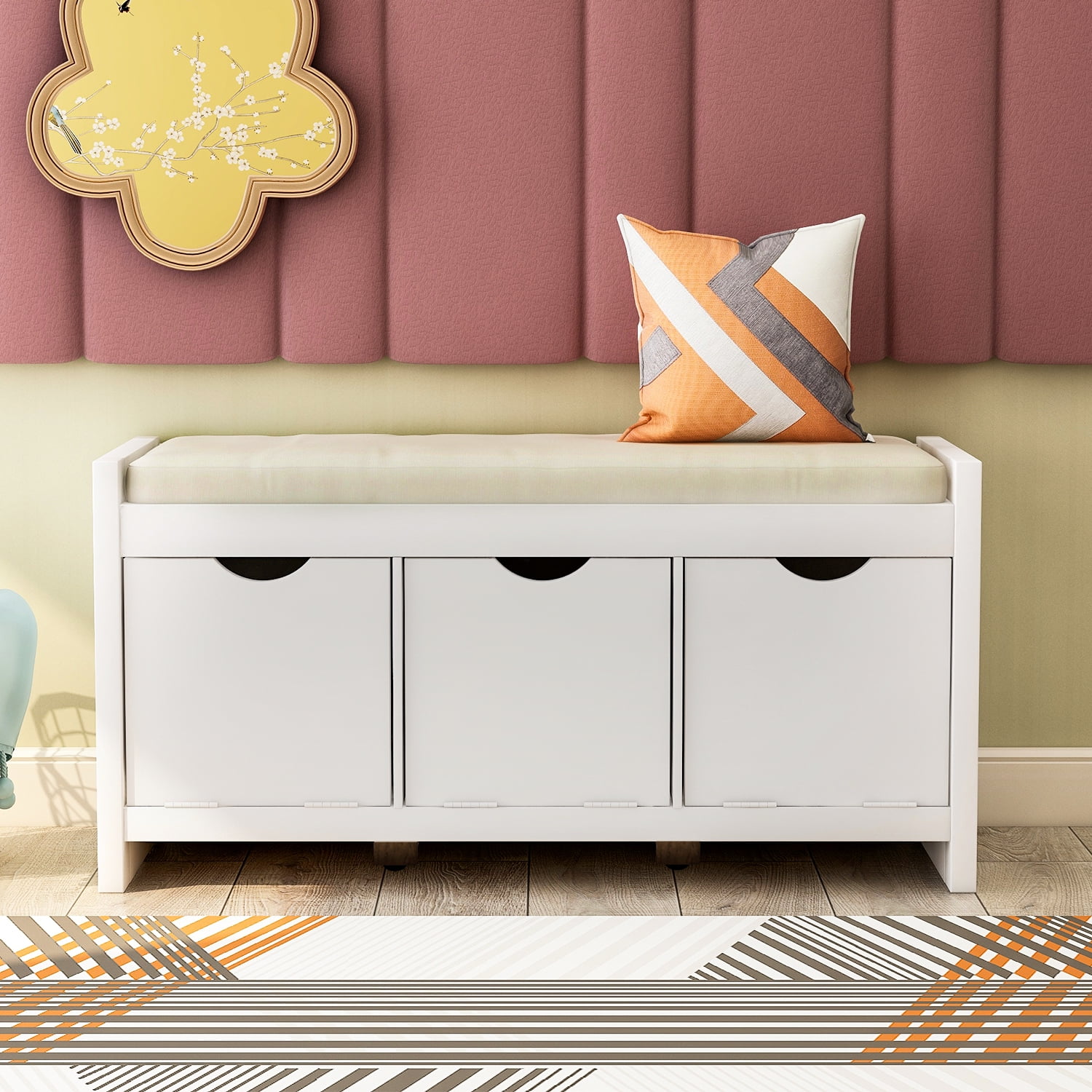 Storage Bench with 3 Cubbies & Removable Seat Cushion, Farmhouse