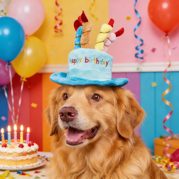 Pet Birthday Hat, Plush Cake Design with 5 Candles, Adjustable Party Hat for Dogs and Cats, 7.1 x 2.6 Inch - (Blue)