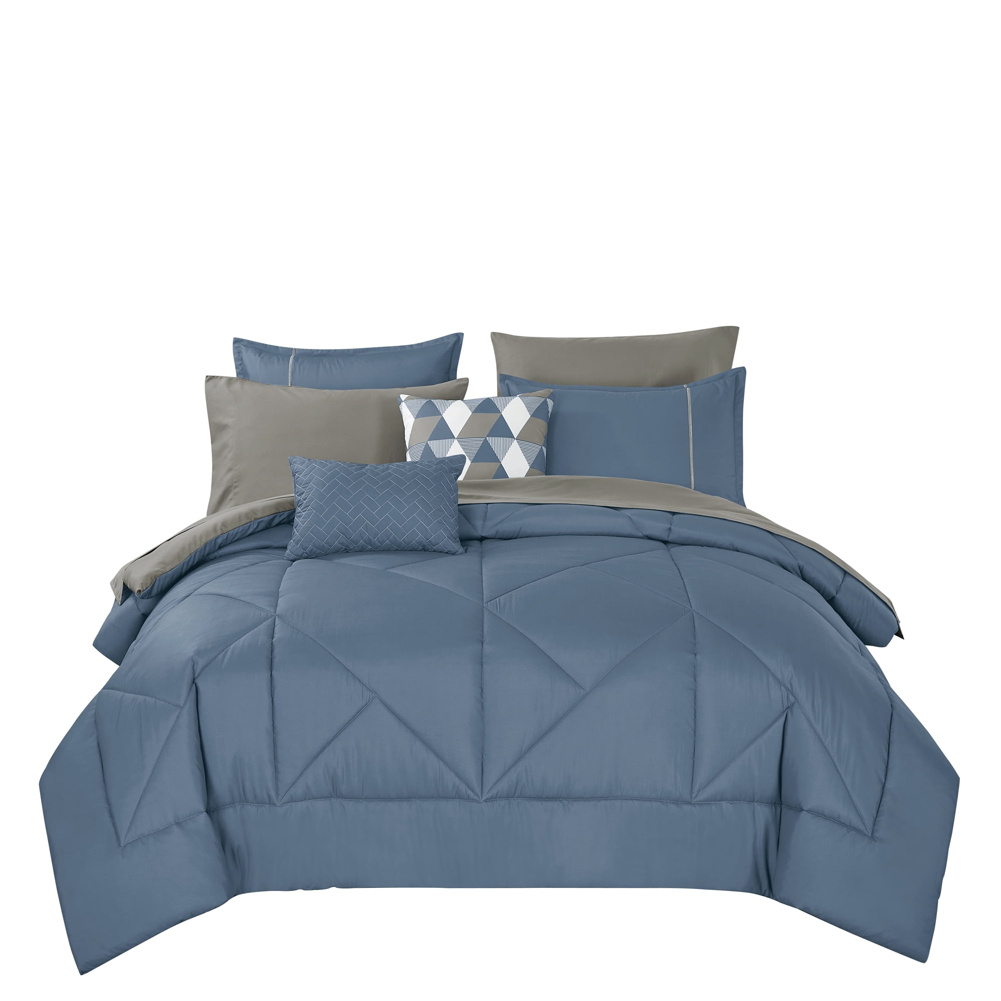 9-Piece Slate Blue & Taupe Comforter Set, Luxury Bedding with Sheets and Decor Pillows,, Queen