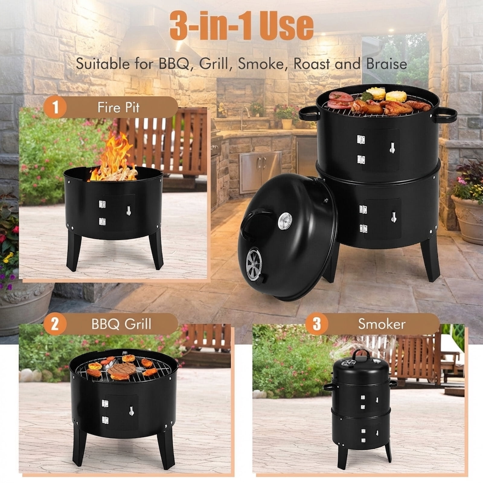 Biotree 3-in-1 Charcoal BBQ Grill Cambo with Built-in Thermometer Outdoor Cooking Patio Summer Party