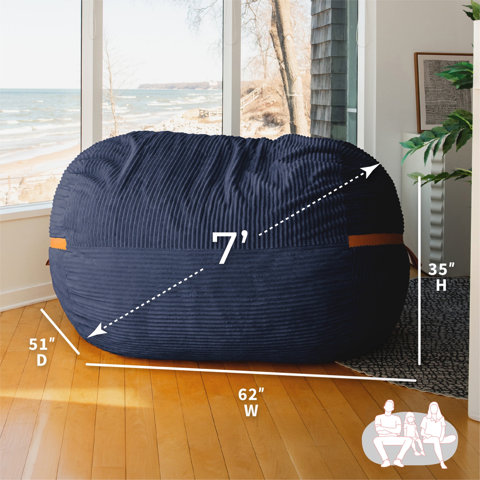 Big Joe Fuf 7Ft Giant Foam Bean Bag Chair, Oversized Couch with Removable Cover for Kids, Teens, Adults, Midnight Blue Corded Plush, 7 Foot