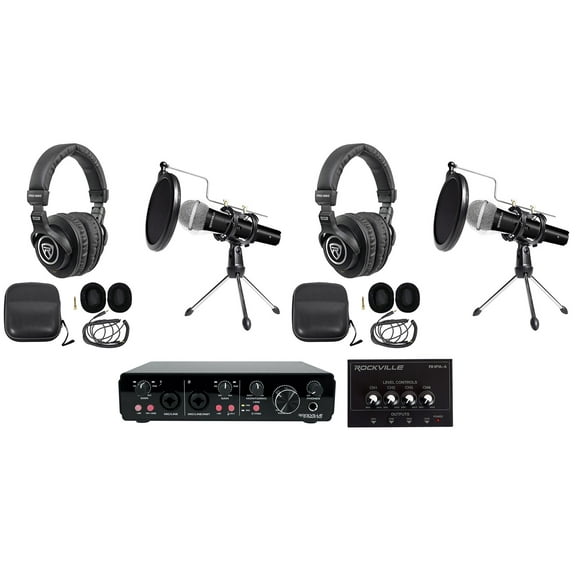 Rockville R-TRACK 2-Person Podcast Kit-Dynamic Mics Stands Filters Headphones