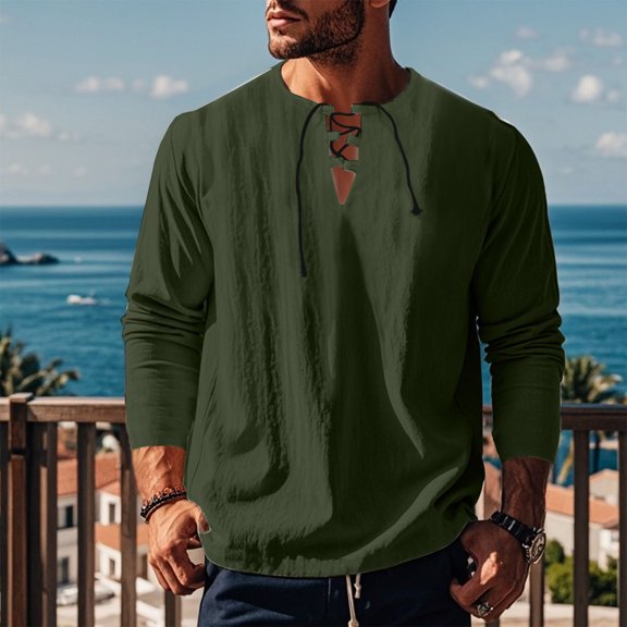 Goodtrade8 Casual Winter Tops for Men Plus Size Long Sleeve Solid Color Green Crew Neck Shirt Winter for Men