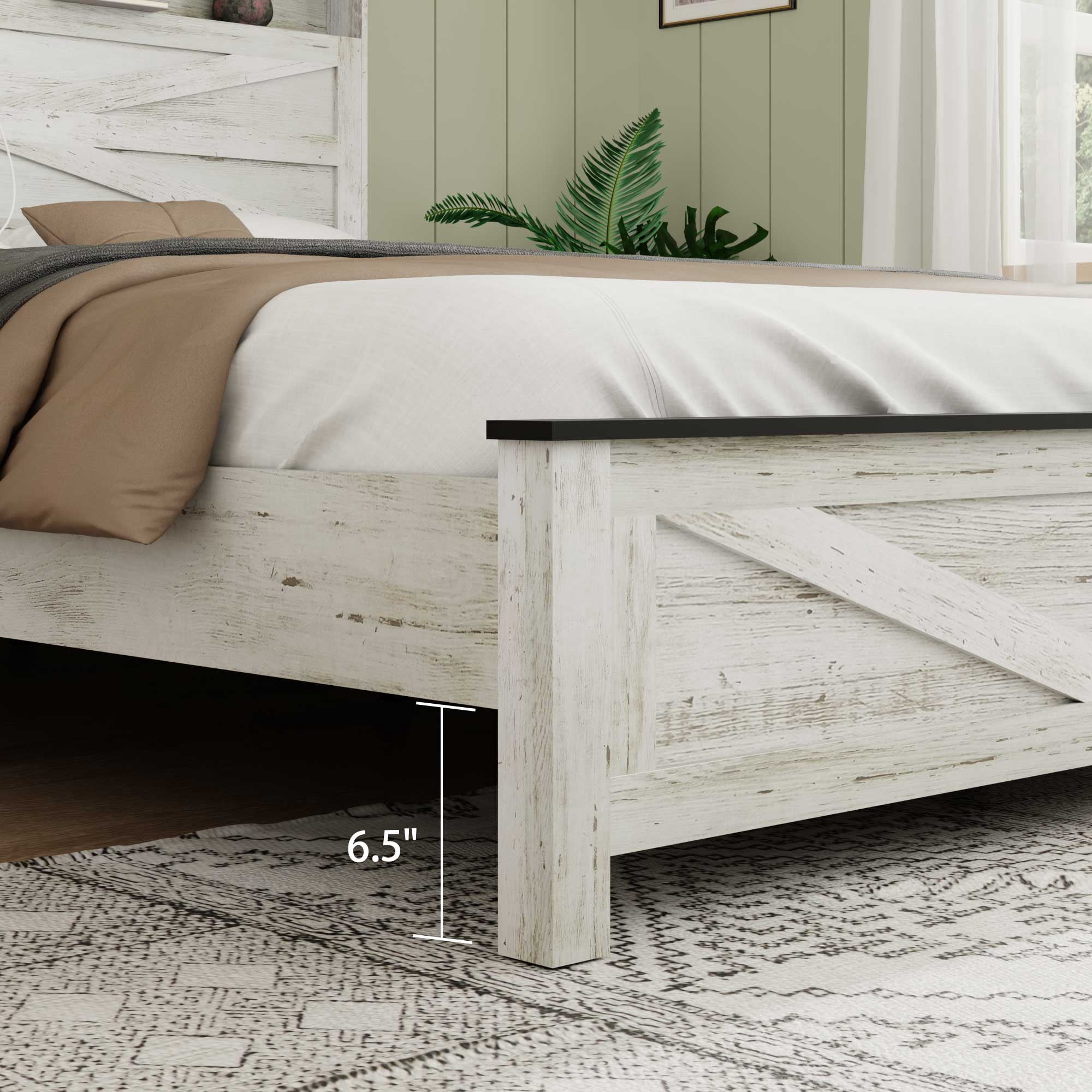 SESSLIFE Queen Bed Frame with Storage Headboard and Charging Station, Farmhouse Platform Bed with LED Strip Light, Metal Slats Support for 800 lbs, No Box Spring Needed, Antique White & Gray