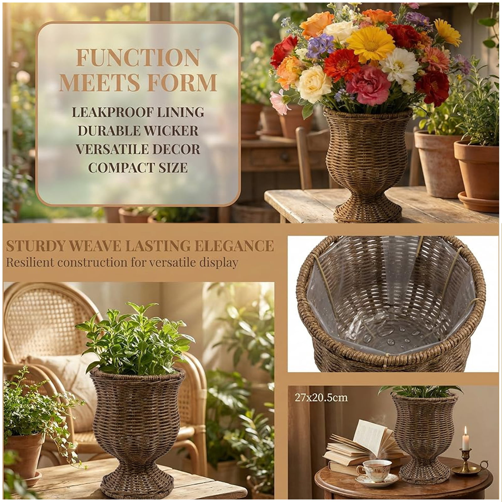 Bxaolu  Urn-Goblet Woven Planter, 10.67"x8.1" Handwoven Boho Wicker Basket,Woven Decorative Storage Basket and Planter for Porch Patio Backyard Home Garden