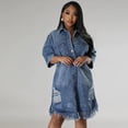 thumbnail image 5 of AURA Plus Size Washed Denim Fringe Dress Mid Length Collared Five Sleeve Elegant Work Style, 5 of 8