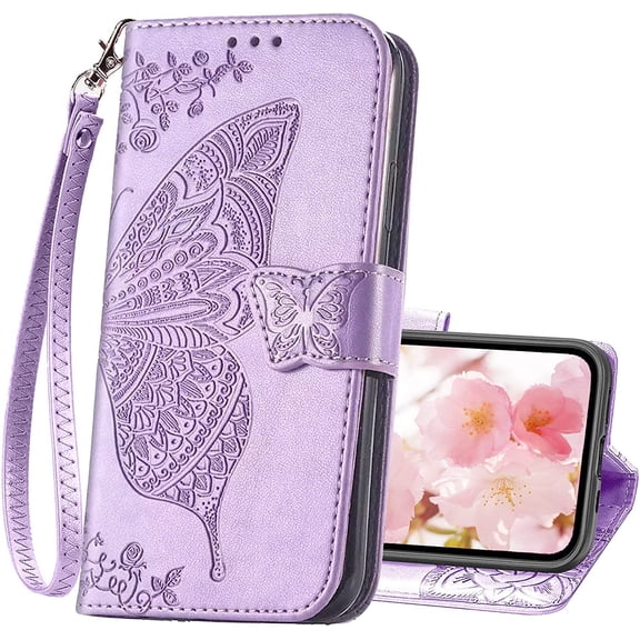 for iPhone 13 Case Wallet for Women,Flip Folio Cover with Butterfly Embossed PU Leather Stand Card Holder Slots Wrist Strap Protective Phone Case for iPhone 13 (Lavender)