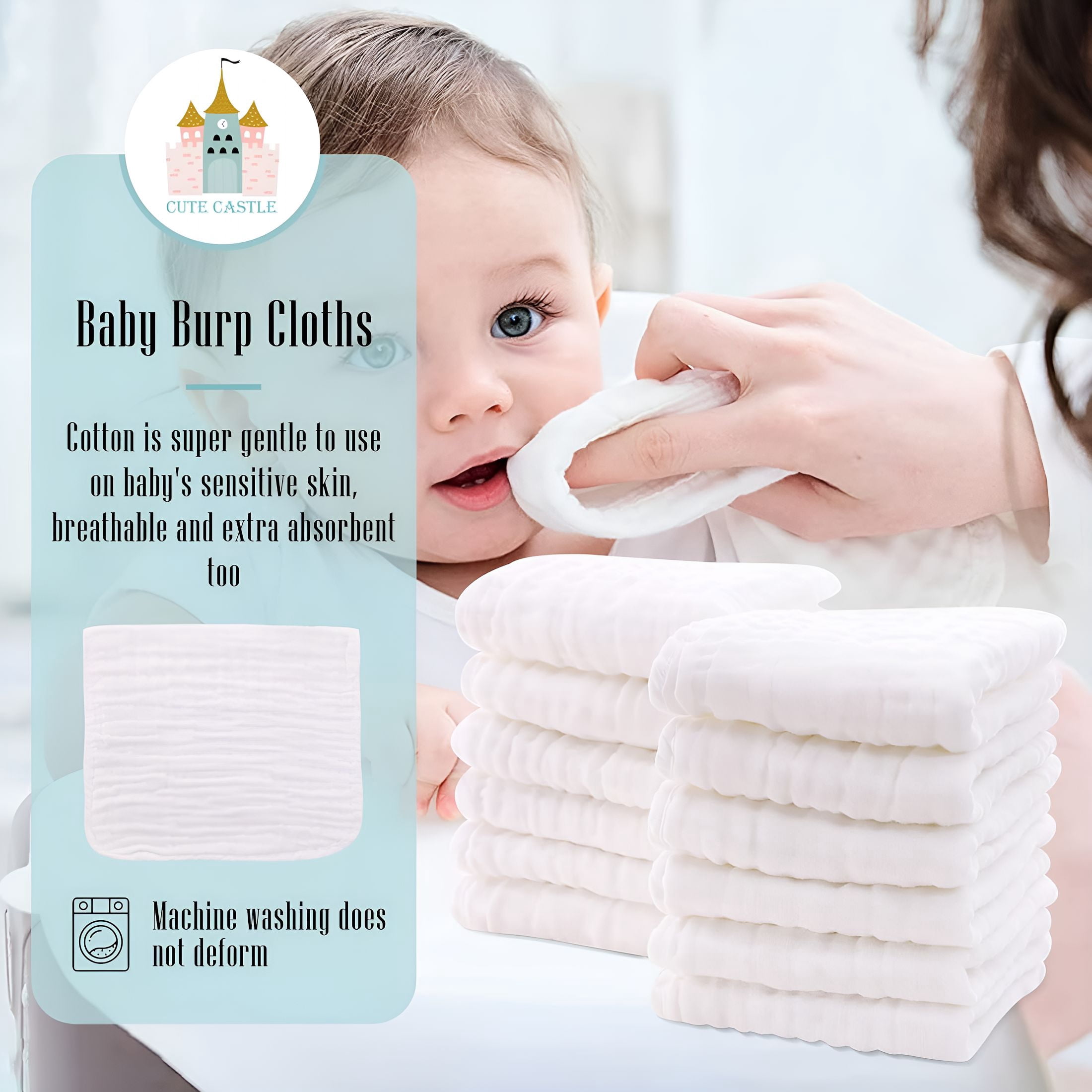 AUQ 2026 New 12 Pack Muslin Burp Cloths for Baby-Ultra-Soft 100% Cotton Baby Washcloths-Large 20'' By 10'' Super Absorbent Milk Spit Up Rags-Burpy Cloths for Unisex,Boy,Girl-White