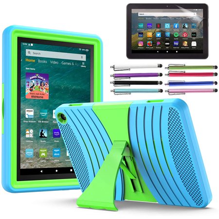 EpicGadget Hybrid Case for Amazon Fire HD 8 / Fire HD 8 Plus (10th Generation, 2020 Released) - Shockproof Heavy Duty Hybrid Case Cover with Kickstand + 1 Screen Protector and 1 Stylus (Blue/Green)