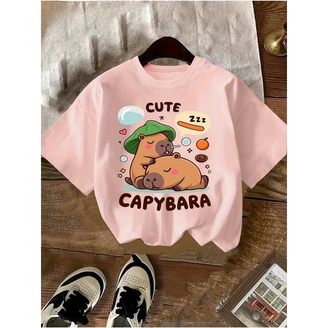 T-Shirt Graphique Capybara Mignon, Tissu Tricoté Noir Col Rond Manches Courtes, Coupe Régulière Haut d'Été Décontracté pour Filles et Garçons, Accessoires Capybara, Tee-Shirt Sportif Décontracté, Cadeaux d'Été