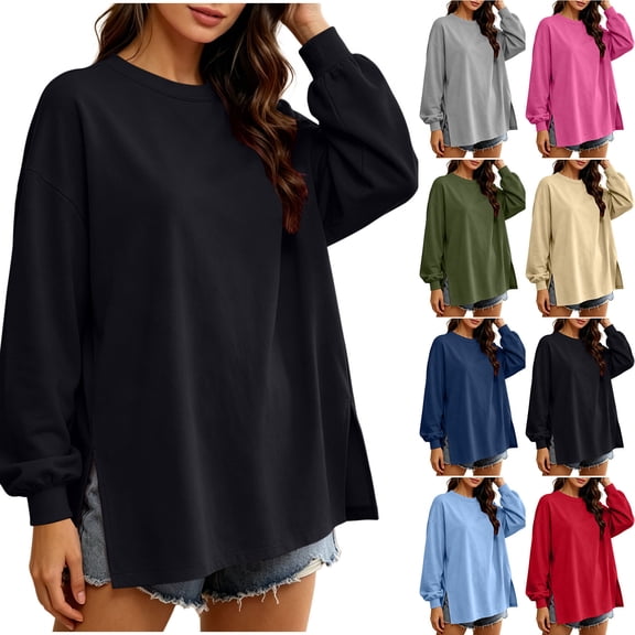 VBVC Women's Oversized Crew Neck Sweatshirt , Ladies' Long Sleeve Side Split Tunic Pullover , Casual Fall Loose Fit Tops For Women, Black , S-2XL