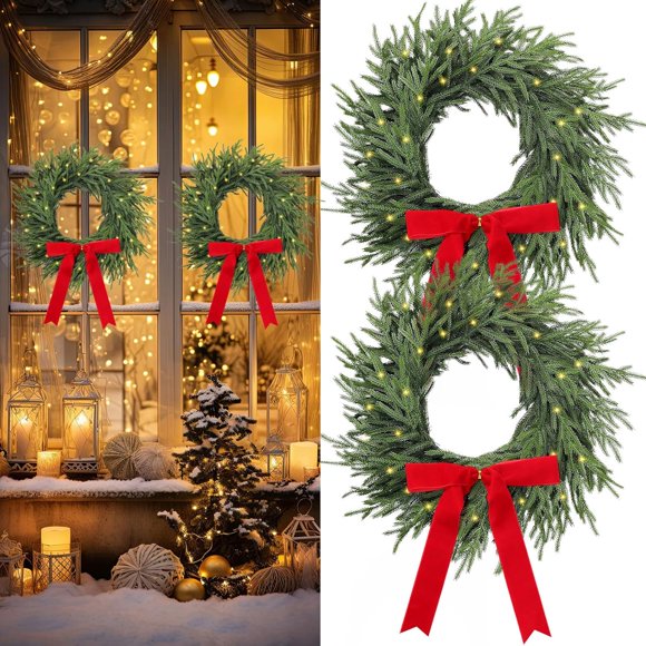 LEEYNEER 2 Pcs Light Up Christmas Norfolk Pine Wreaths with Bow 20 Inch Lighted Real Touch Xmas Wreaths Pre-Lit LED Artificial Realistic Wreath for Indoor Outdoor Windows Porch Wall Home