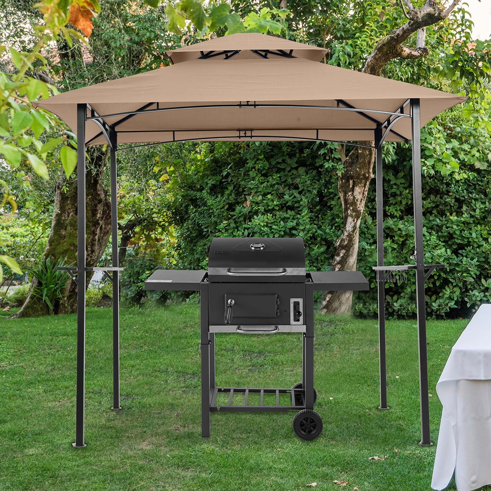 Aukfa 8'x 5' Outdoor Modern Steel Grill Gazebo with Hook and Bar Counters, Khaki