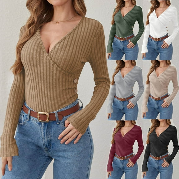 HVOBTTY Womens Shirts, Fall Tops for Women, Women's Slim Button Knit Solid Color Long Sleeved V-neck Top/Shirt Beige, XL