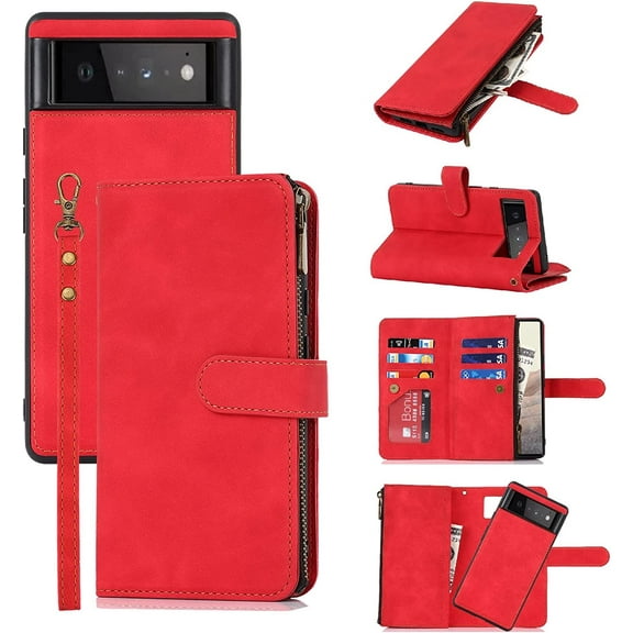 Compatible with Google Pixel 6 Pro Wallet Case,[6 Card Slots] [Wrist Strap] [Stand Feature] Detachable 2 in 1 Magnetic Zipper Leather Cover Case for Google Pixel 6 Pro,6.71 inch Red