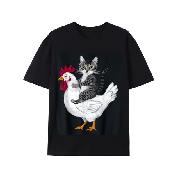 Fun Cat and Chicken Riding Short-sleeved T-shirt, Gray Cat Calmly Sitting Chicken Back, White Hen Slightly Impatient, Solid Color Background Highlights The Pattern, No Text More Add Simple Fashion