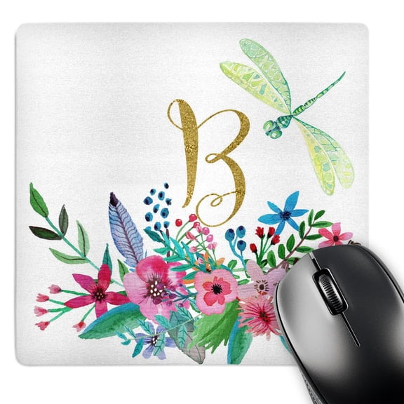 3dRose, Pretty Watercolor Floral Green Dragonfly, Gold Monogram B Design, MousePad