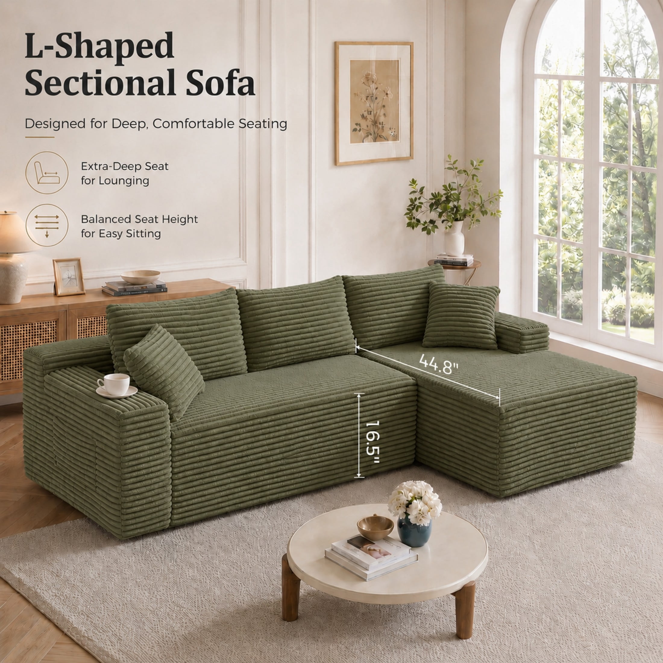 Aenkyo 106 Inch Corduroy L-Shaped Cloud Sectional Sofa with Reversible Chaise, Green