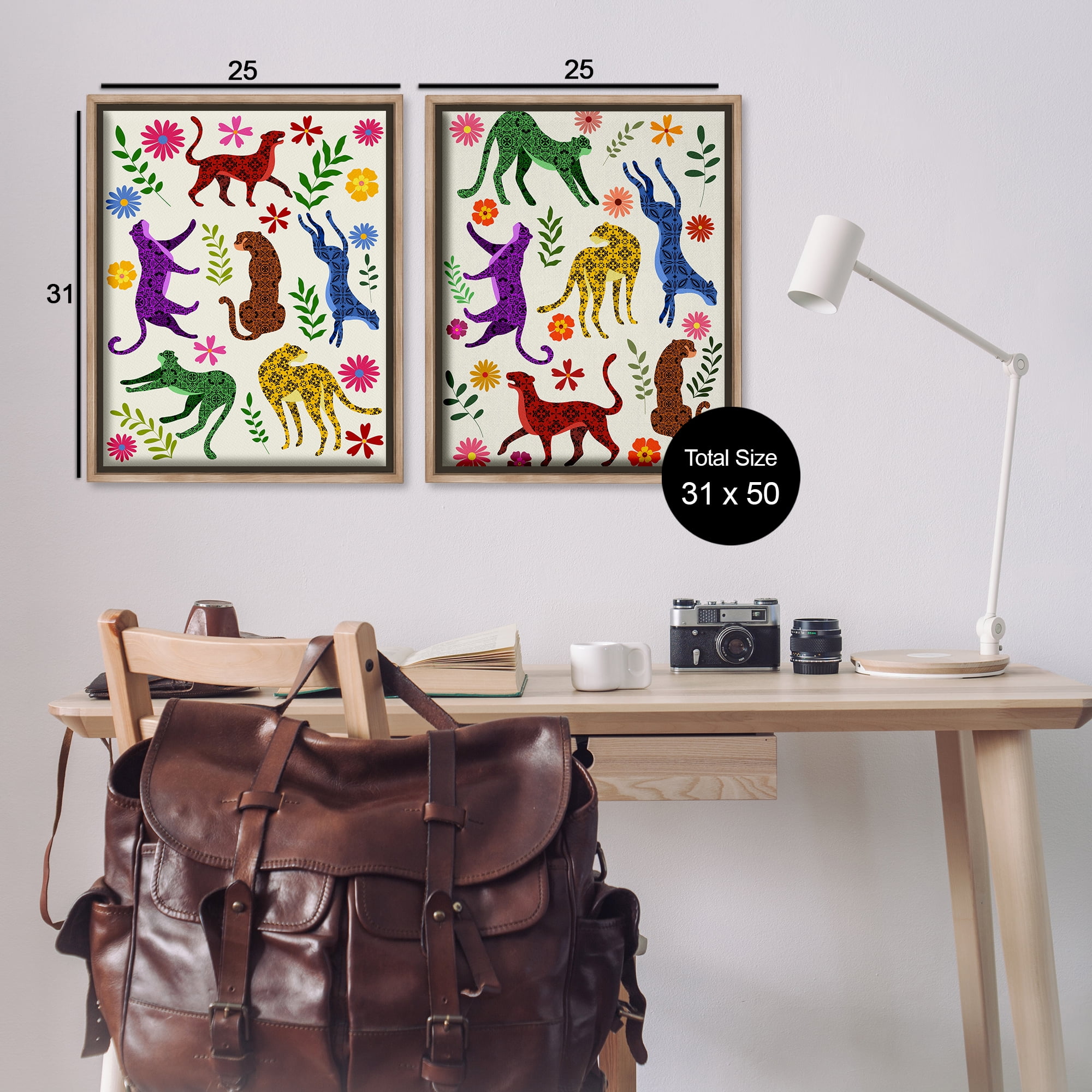 Stupell Industries Patterned Floral Jungle Cats Animals Painting Brown Floater Framed Canvas Art Print Wall Art, 31 x 25, Set of 2