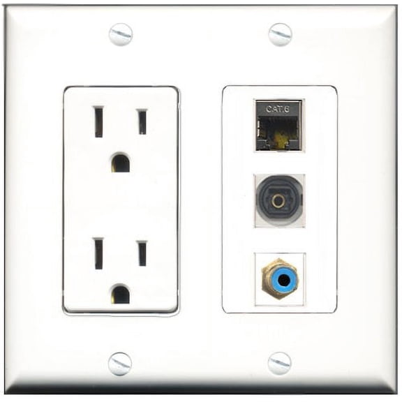 RiteAV - 15 Amp Power Outlet 1 Port RCA Blue 1 Port Shielded Cat6 Ethernet Ethernet 1 Port Toslink Decorative Wall Plate