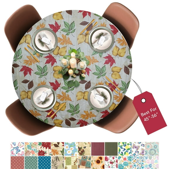 LAMINET Deluxe Elastic Edged Flannel Backed Vinyl Fitted Table Cover - All-Over Leaves Pattern - Large Round - Fits Tables up to 45" - 56" Diameter( ETLEAV60-C4H)