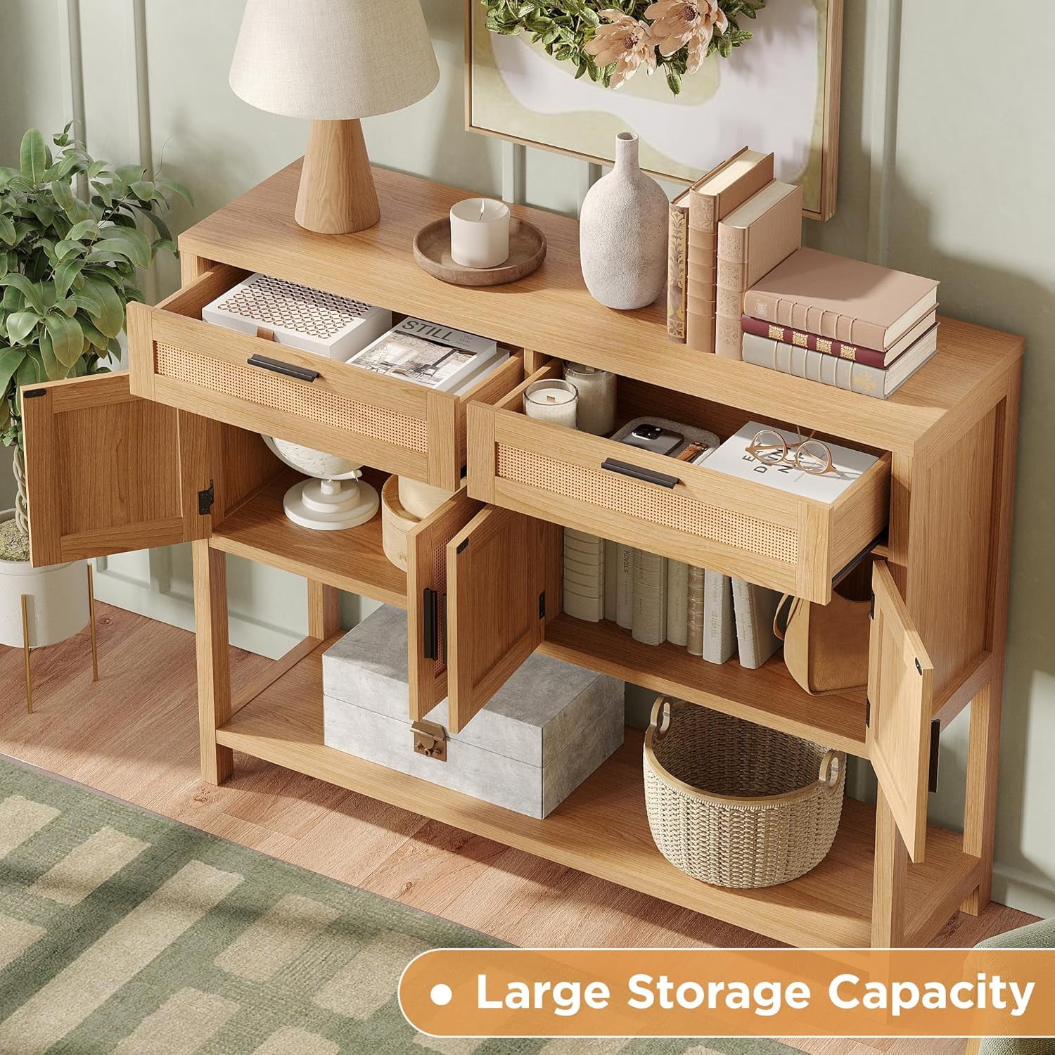 Vabches 47.2" W Rattan Console Table with 2 Drawer, Entryway Tables with 4 Doors and Open Storage Shelf, Sofa Table for Living Room Foyer Hallway Dining