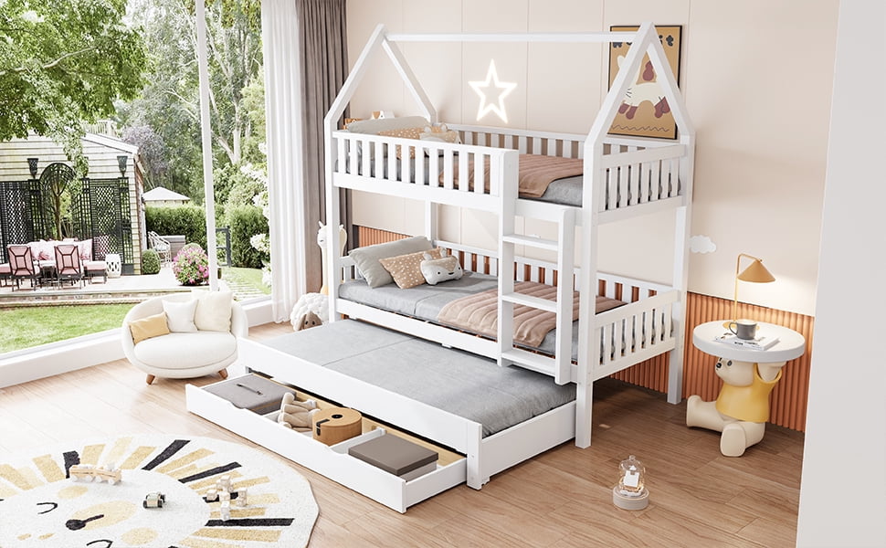 Mintazer Twin Over Twin House Bunk Bed with Trundle & 3 Drawers, Kids Bunk Bed Frame with Ladder, White