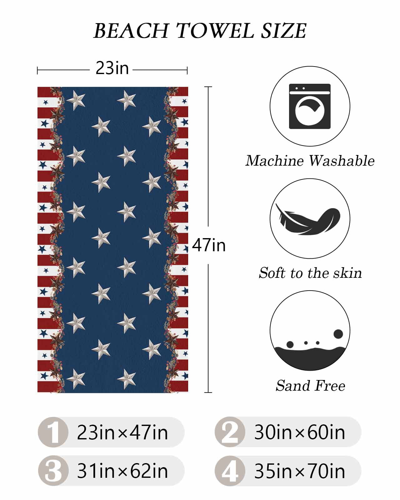 Country Star Farm Beach Towels Oversized Super Absorbent, Red Blue Patriots Stripe American Flag Lightweight Bath Towel Quick Dry Sets For Bathroom/Pool/Rv Camping/Beach Play/Gym Room/Picnic 23"x47"