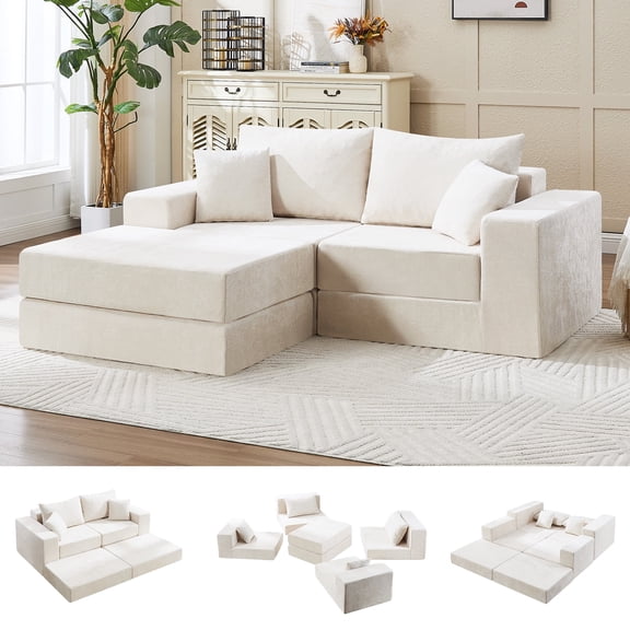 79" Boneless Cloud Loveseat Sofa with Ottoman, Modular Chenille Convertible Floor Couch Bed, No Assembly, Beige
