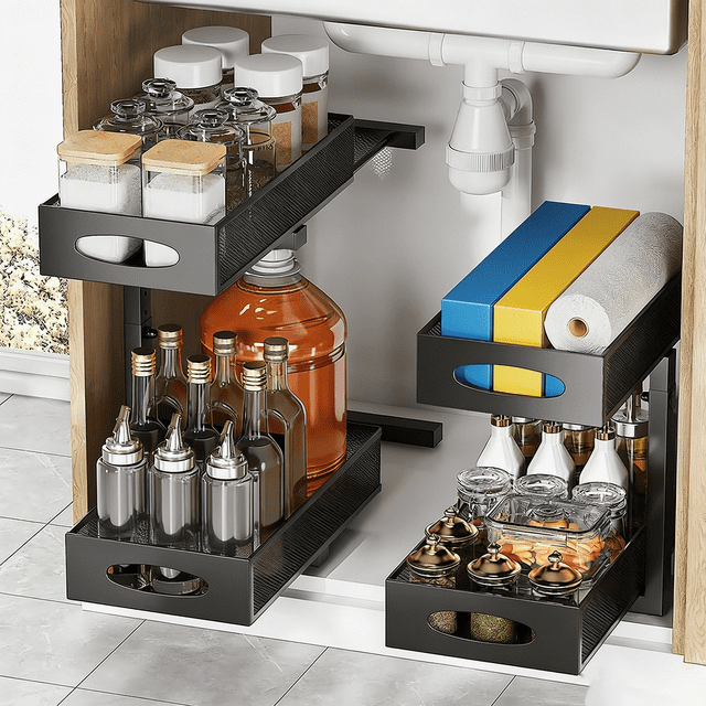 Organizador para debajo del fregadero, 2 niveles, almacenamiento extraíble con altura ajustable, estante deslizante de acero al carbono grueso debajo del gabinete para cocina