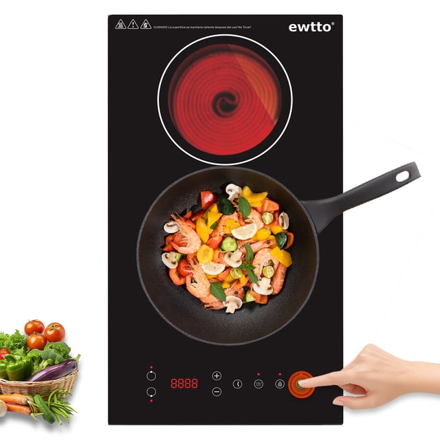 EWTTO Cocina Eléctrica Vitrocerámica de 2 Quemadores, 2000W, Doble Zona, 8 Niveles, Temporizador, Bloqueo Infantil, Superficie de Vidrio, Empotrable o Sobremesa, Certificada NOM
