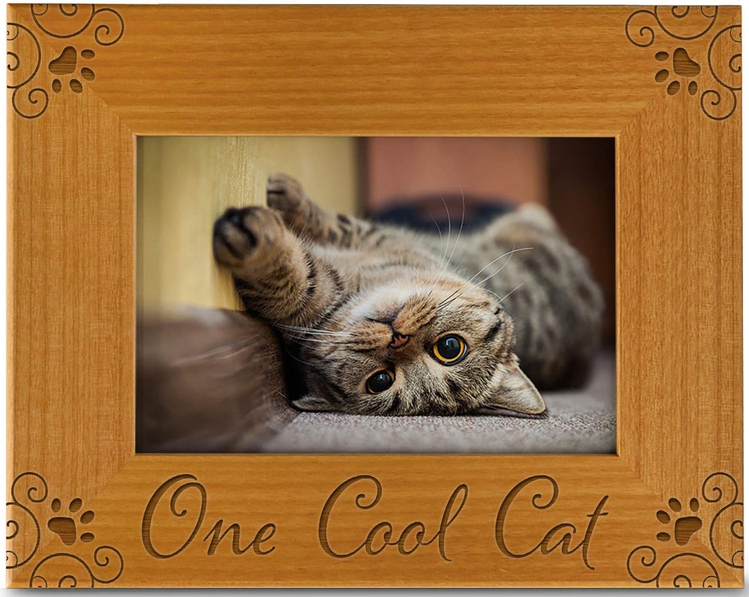 one cool cat pet picture frame engraved natural wood, fits a 4x6