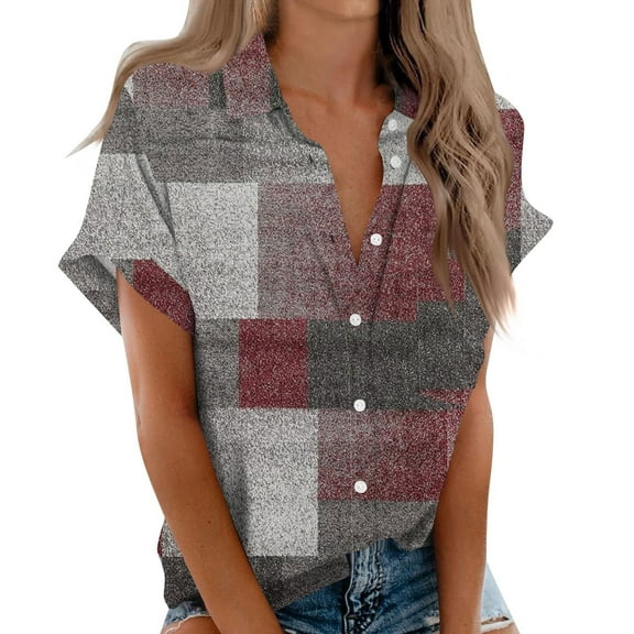 KBZDBZC Womens Blouses Casual Shirts for Women Cotton Womens Short Sleeve Shirts V Neck Collared Button Down Blouse Tops Camp Shirt S 6Xl Womens Blouse Women Tshirt (Red,XXXXL)