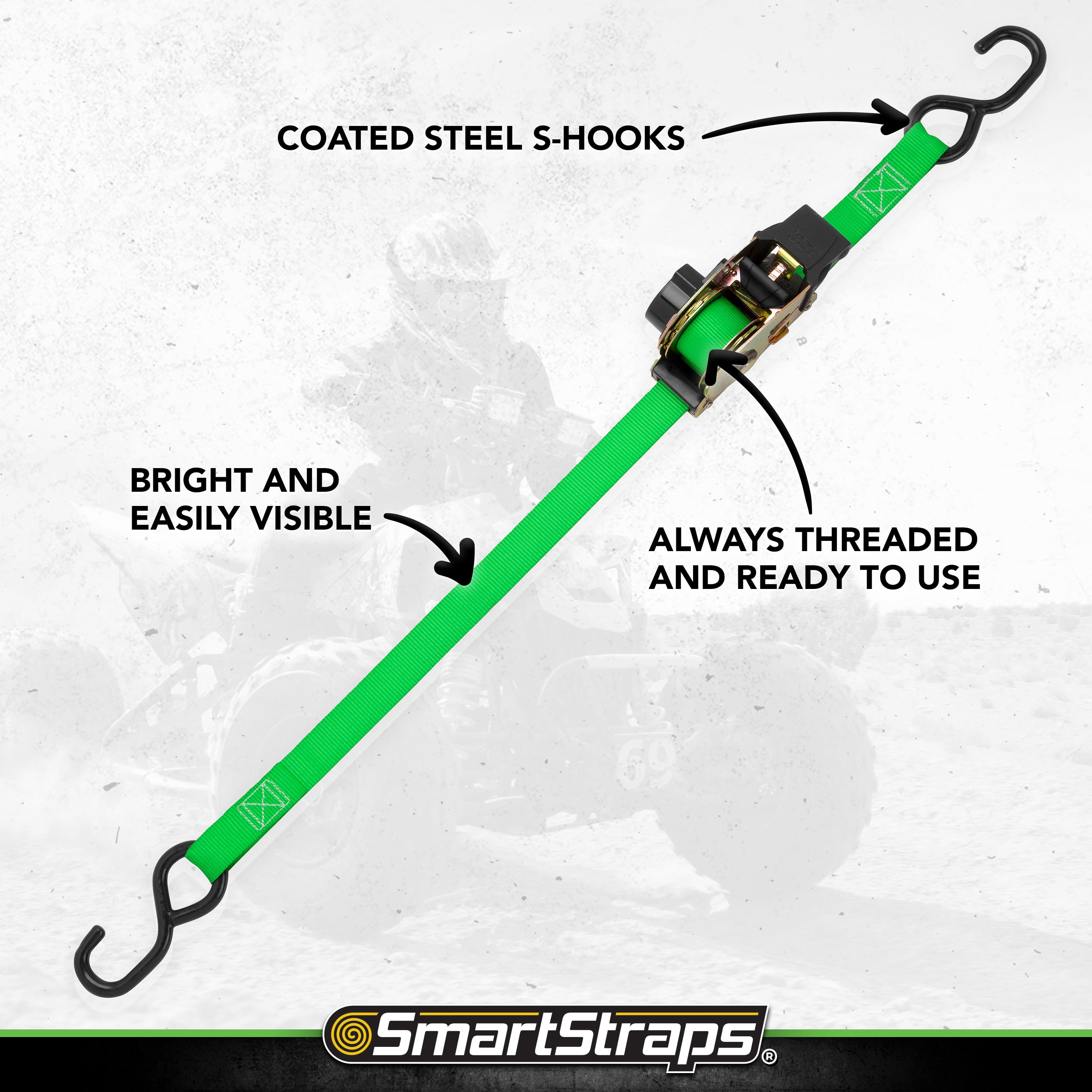 SmartStraps Retractable Ratchet Tie Down Straps, 1" x 6 ft, 500 lb Safe Work Load, 1,500 lb Break Strength, Green, 4-Pack