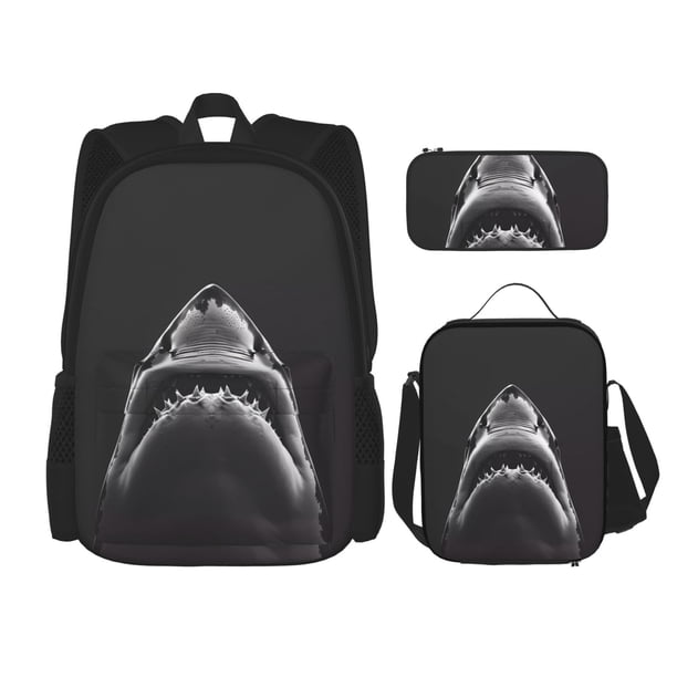 Balery Black And White Shark Mochila Escolar 3 en 1 para Niños - Mochila Resistente con Lonchera Térmica y Estuche - Mochila Escolar para Niños y Niñas