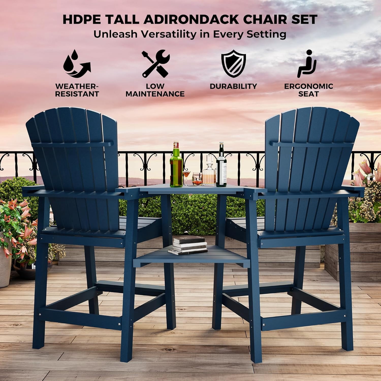 Outdoor Bar Height Adirondack Chairs with Connecting Tray,Balcony Chairs Recycled Poly Adirondack for Deck,Backyard,Outdoor Tall Adirondack Chairs Weather Resistant