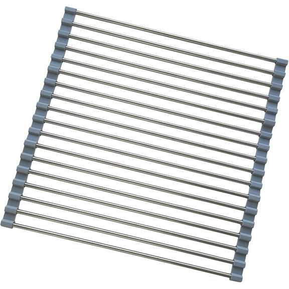 Roll Up Dish Drying Rack, Stainless Steel and Silicone Dish Drying Mat Over The Sink Foldable Drain Rack Multipurpose Dish Drainer for Kitchen, 17.7” x 13.7”, Gray